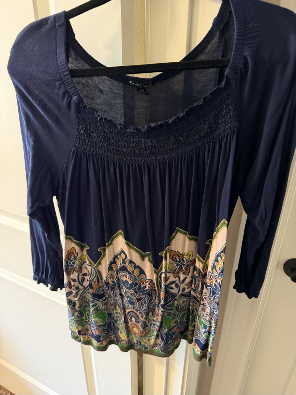 cha cha vente Navy Floral Border Smocked Yoke Tunic
